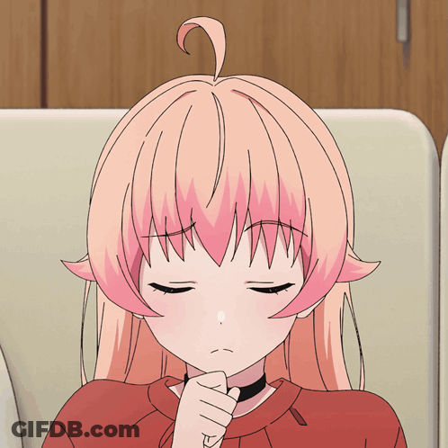 A Pink Haired Anime Girl With Her Eyes Closed And Her Hand On Her Chin GIF