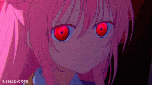 A Pink Haired Anime Girl With Red Eyes GIF