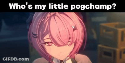A Pink Haired Anime Girl With The Words Who 'S My Little Pogchamp Written Above Her GIF