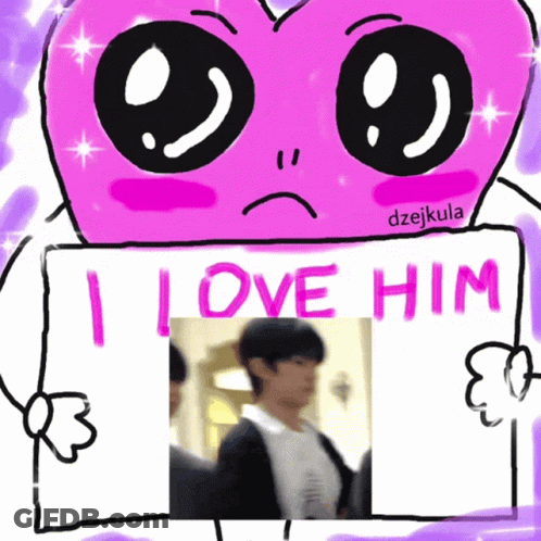 A Pink Heart Holding A Sign That Says " I Love Him " GIF