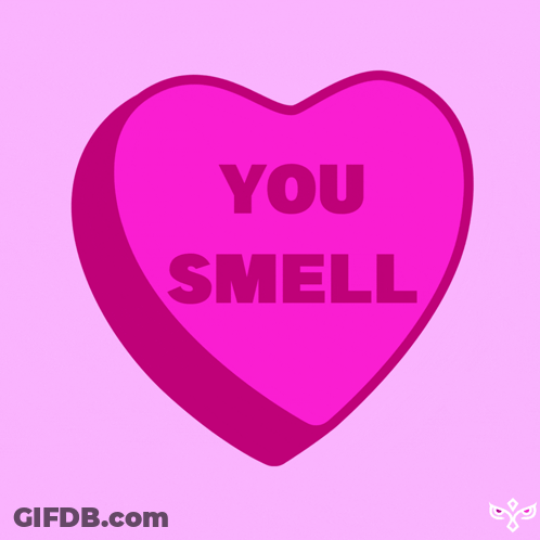 A Pink Heart That Says " You Smell " On It GIF