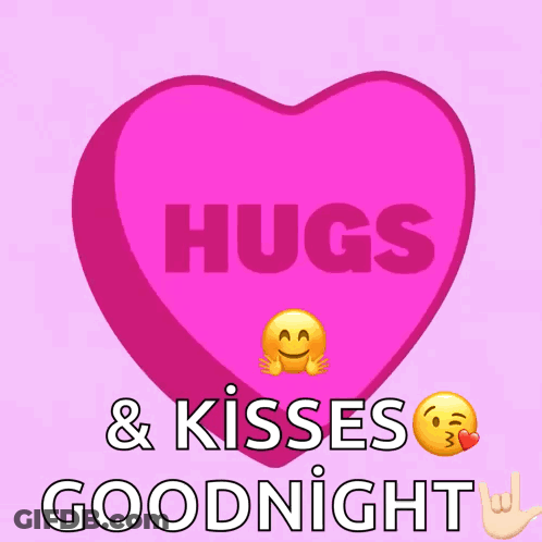 A Pink Heart With The Words Hugs And Kisses Goodnight GIF