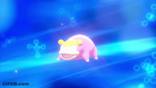 A Pink Hippopotamus With A Yellow Head Is Floating In The Water GIF