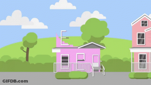 A Pink House Is Next To A Green House With A Porch GIF