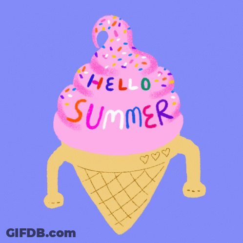 A Pink Ice Cream Cone With Sprinkles And The Words Hello Summer Written On It GIF