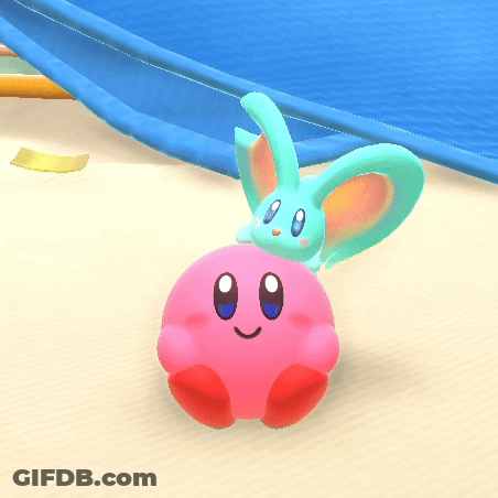 A Pink Kirby And A Blue Bunny Are On A Sandy Beach GIF