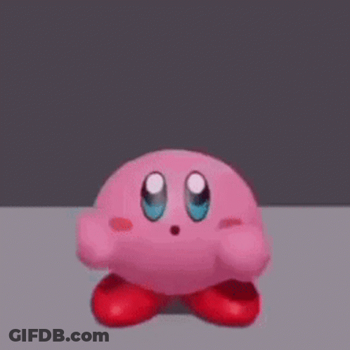 A Pink Kirby Cartoon Character Is Standing On A Gray Surface With His Eyes Closed . GIF