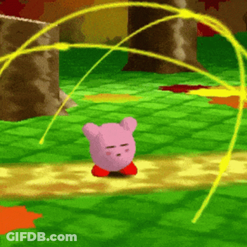 A Pink Kirby In A Video Game Is Surrounded By A Yellow Beam GIF