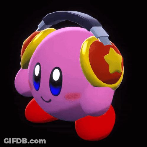 A Pink Kirby Wearing Headphones With A Gold Star On Them GIF