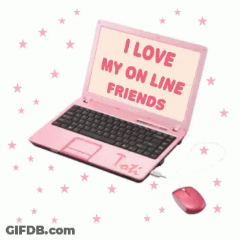 A Pink Laptop That Says ' I Love My On Line Friends ' On The Screen GIF