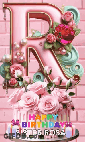 A Pink Letter R Is On Top Of A Cake With Pink Roses . GIF