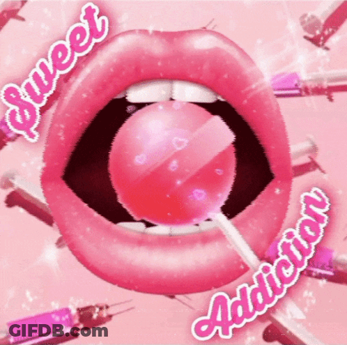 A Pink Lollipop In A Woman 'S Mouth With The Words Sweet Addiction Written Around It GIF