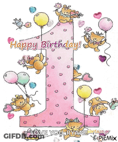 A Pink Number 1 With Teddy Bears Holding Balloons And Flowers GIF