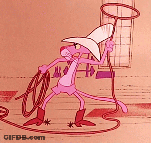 A Pink Panther Is Holding A Lasso And A Cowboy Hat GIF