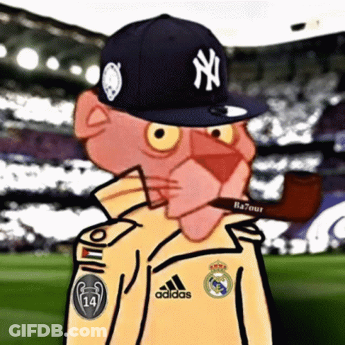 A Pink Panther Wearing A Ny Yankees Hat GIF
