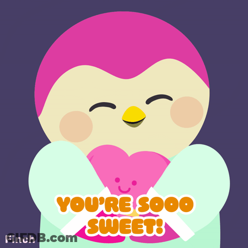 A Pink Penguin Holding A Heart With The Words You 'Re Sooo Sweet GIF