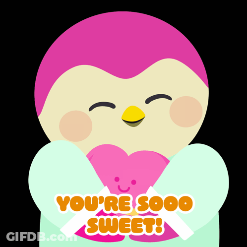 A Pink Penguin Holding A Heart With The Words You 'Re Sooo Sweet GIF