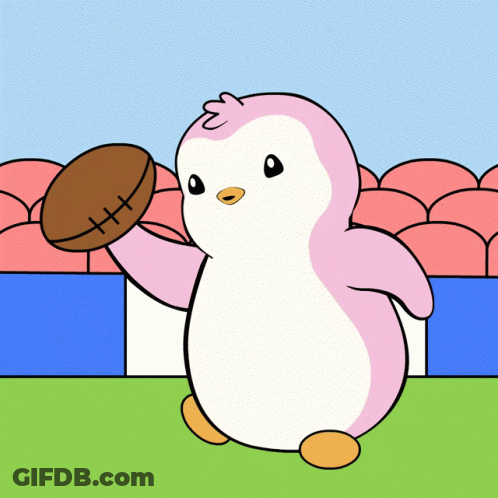 A Pink Penguin Is Holding A Brown Football With A Stitched X On It GIF