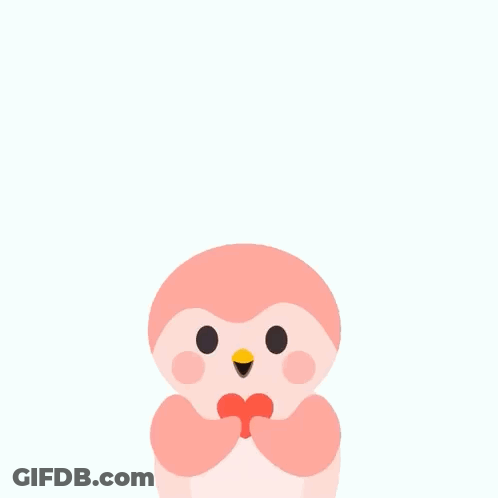 A Pink Penguin Is Holding A Large Red Heart On Its Head GIF