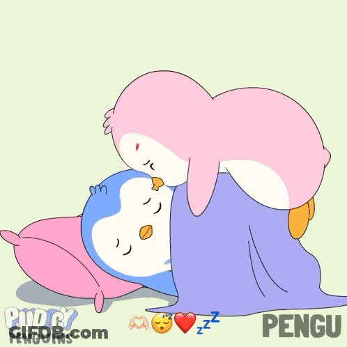 A Pink Penguin Is Kissing A Blue Penguin On The Head GIF