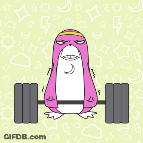 A Pink Penguin Is Lifting A Barbell With A Yellow Headband GIF