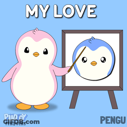 A Pink Penguin Is Pointing At A Blue Penguin On A White Board With The Words " My Love " Above It GIF