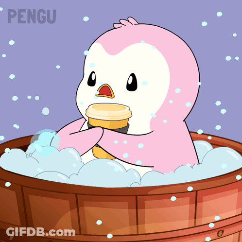 A Pink Penguin Is Sitting In A Wooden Tub Holding A Cup GIF