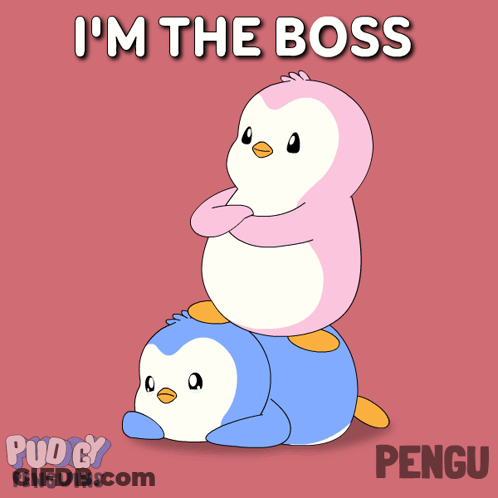 A Pink Penguin Is Sitting On Top Of A Blue Penguin With The Words " I 'M The Boss " Above Them GIF
