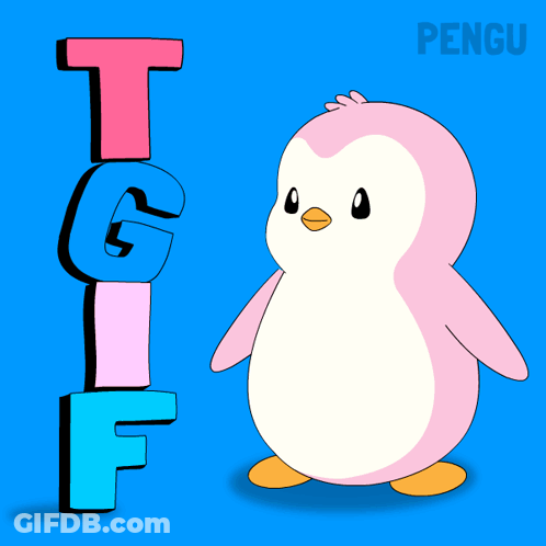 A Pink Penguin Is Standing Next To A Stack Of Letters That Say T G And F GIF