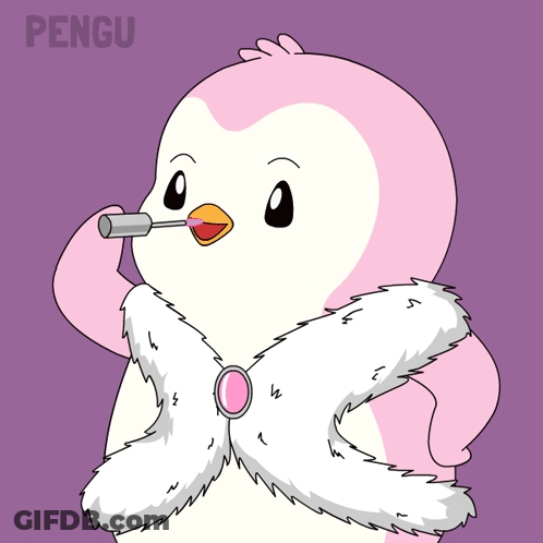 A Pink Penguin Is Wearing A White Fur Coat And Holding A Lipstick In Its Beak GIF