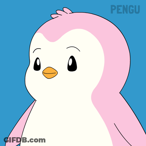 A Pink Penguin Says Happy Monday In White Letters On A Blue Background GIF