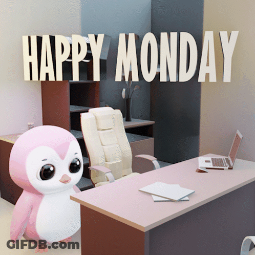 A Pink Penguin Sits In Front Of A Desk With The Words Happy Monday Written Above It GIF