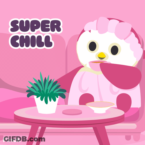 A Pink Penguin Sits On A Pink Couch Drinking From A Cup With The Words Super Chill Behind Him GIF