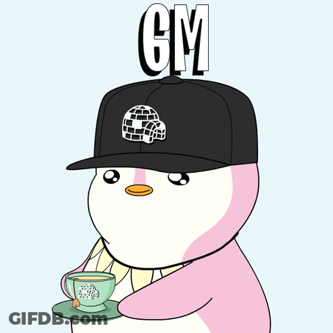 A Pink Penguin Wearing A Black Hat And Holding A Cup Of Tea GIF