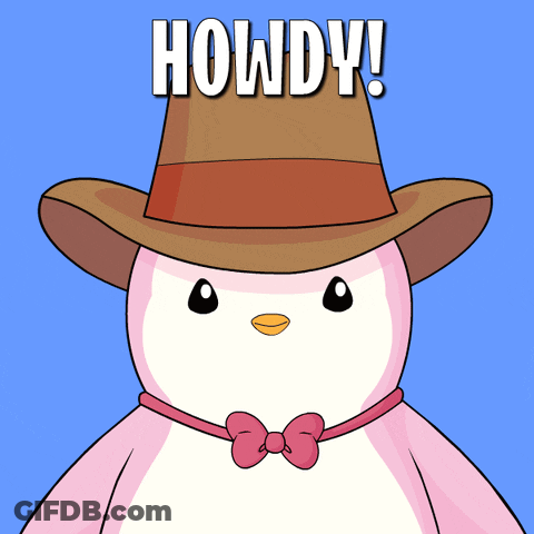 A Pink Penguin Wearing A Cowboy Hat And A Bow Tie Says " Howdy " GIF