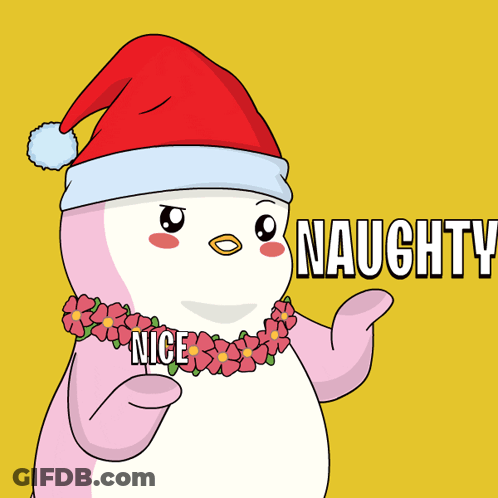 A Pink Penguin Wearing A Santa Hat And A Lei Says Naughty GIF