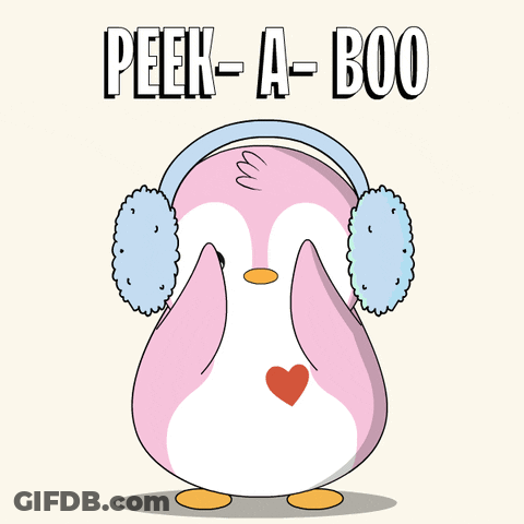 A Pink Penguin Wearing Ear Warmers With The Words Peek-A-Boo On The Bottom GIF