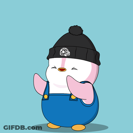 A Pink Penguin Wearing Overalls And A Black Hat Says Ha Ha Ha Ha GIF