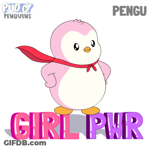 A Pink Penguin With A Red Cape And The Words Girl Pwr GIF