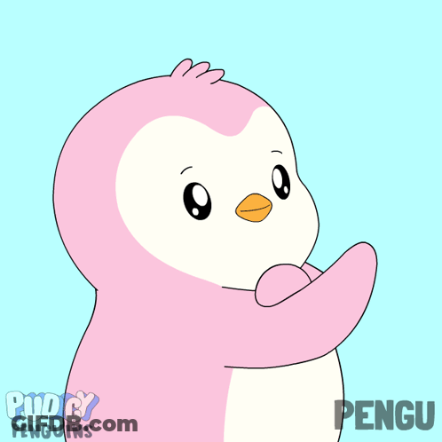 A Pink Penguin With The Words Pudgy Penguins Below It GIF