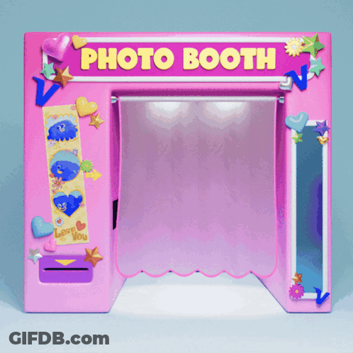 A Pink Photo Booth With Hearts And Stars GIF