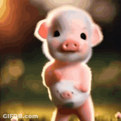 A Pink Pig Is Standing In A Field With Flowers In The Background GIF