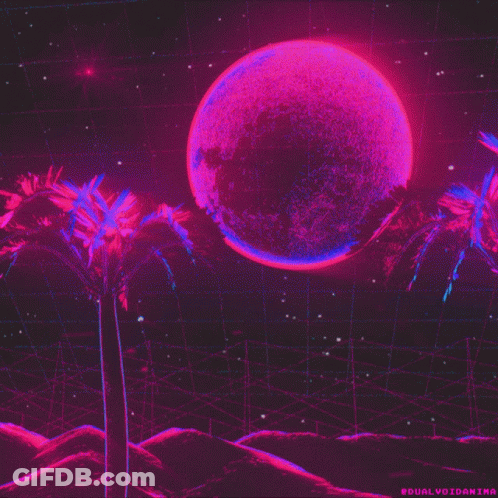 A Pink Planet With Palm Trees In The Foreground And The Words Dualvoidanima Below It GIF