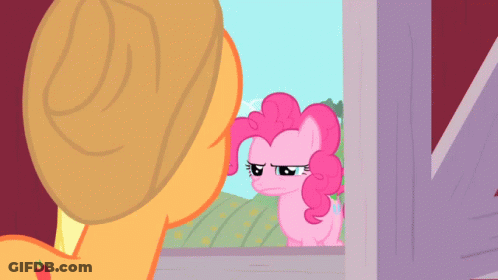A Pink Pony Looking Out Of A Window With The Word Okey Above Her GIF
