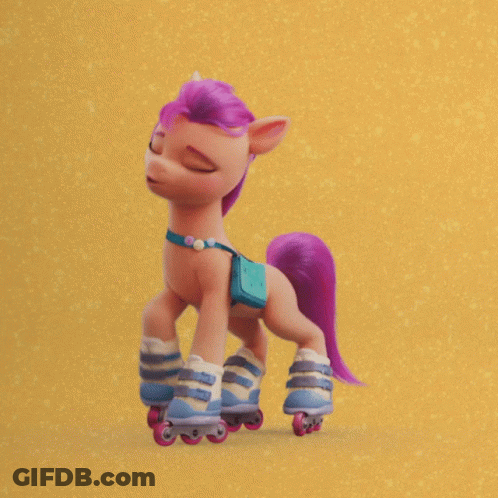 A Pink Pony Wearing Roller Skates Is Standing On A Yellow Background GIF