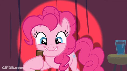A Pink Pony With A Cane Stands In Front Of A Red Curtain GIF
