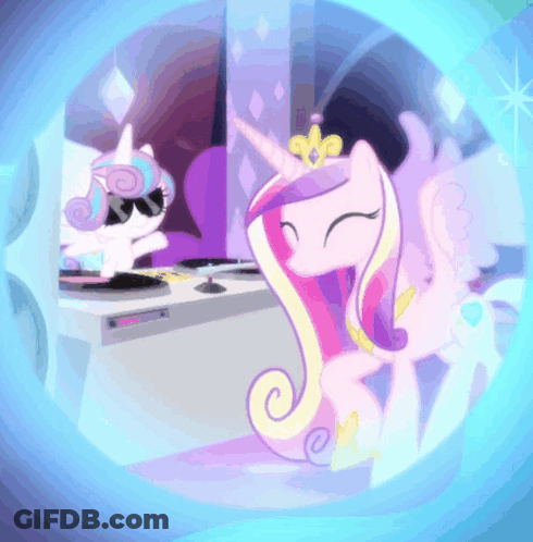 A Pink Pony With A Crown On Her Head Stands Next To Another Pony GIF