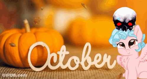 A Pink Pony With A Skull On Her Head Is Sitting In Front Of A Sign That Says October GIF