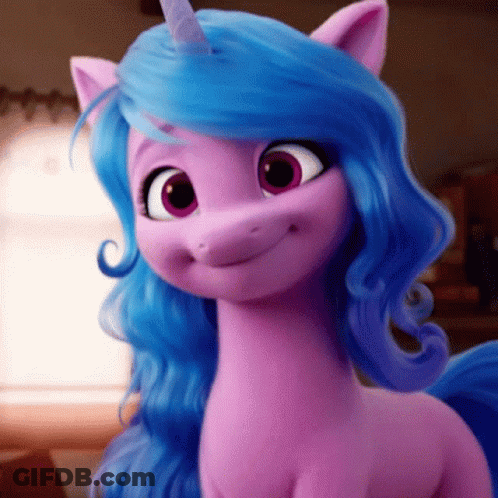 A Pink Pony With Blue Hair And A Blue Horn Is Smiling . GIF