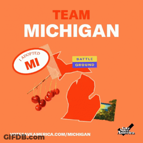 A Pink Poster With A Map Of Michigan And A Sticker That Says " I Adopted Mi " GIF